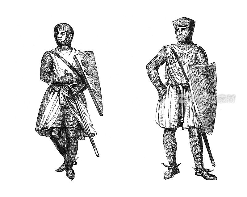 William Longespée (3rd Earl of Salisbury, England) and William Marshall (1st Earl of Pembroke, Wales) - Vintage engraved illustration
